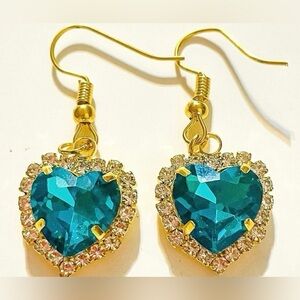 Turquoise Rhinestone Heart Dangle Earrings